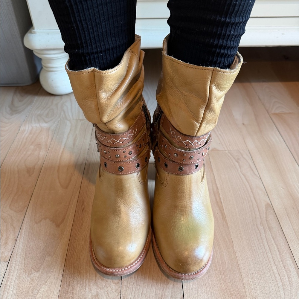 Freebird by Steven Tan Slouch Lace-Up Leather Boots with Studded Straps